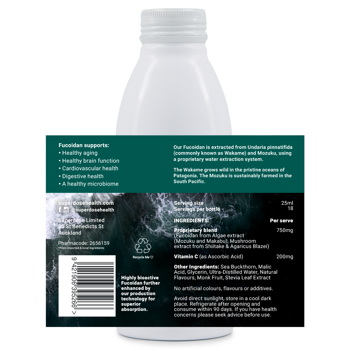 Superdose Fucoidan 750mg 450ml bottle – label. Undaria pinnatifida is a researched fucoidan showing powerful longevity benefits for the people of Okinawa.