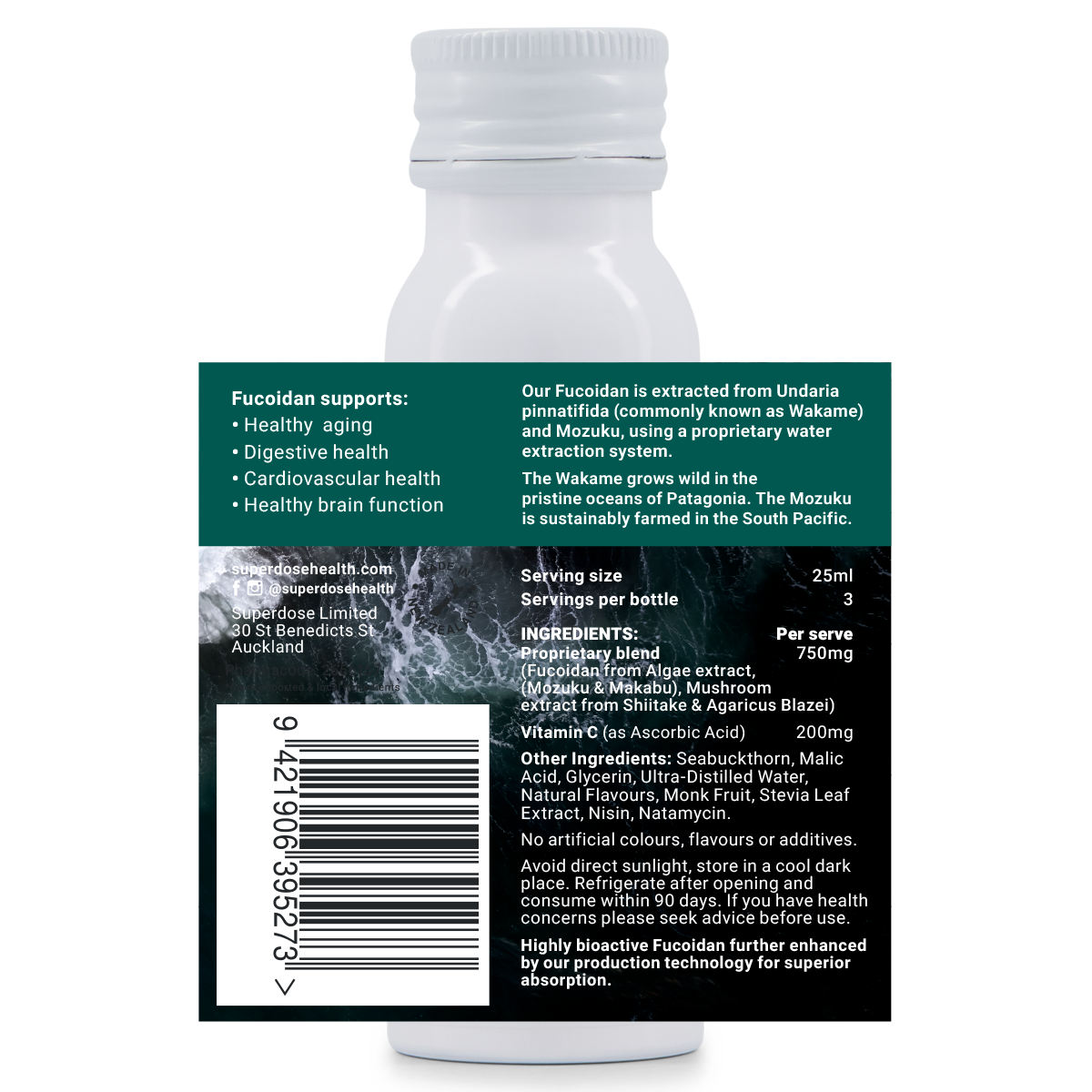 Superdose Fucoidan 750mg Mini bottle label with 750mg of fucoidan.  Premium product at a low price.  Very economical fucoidans made in New Zealand.